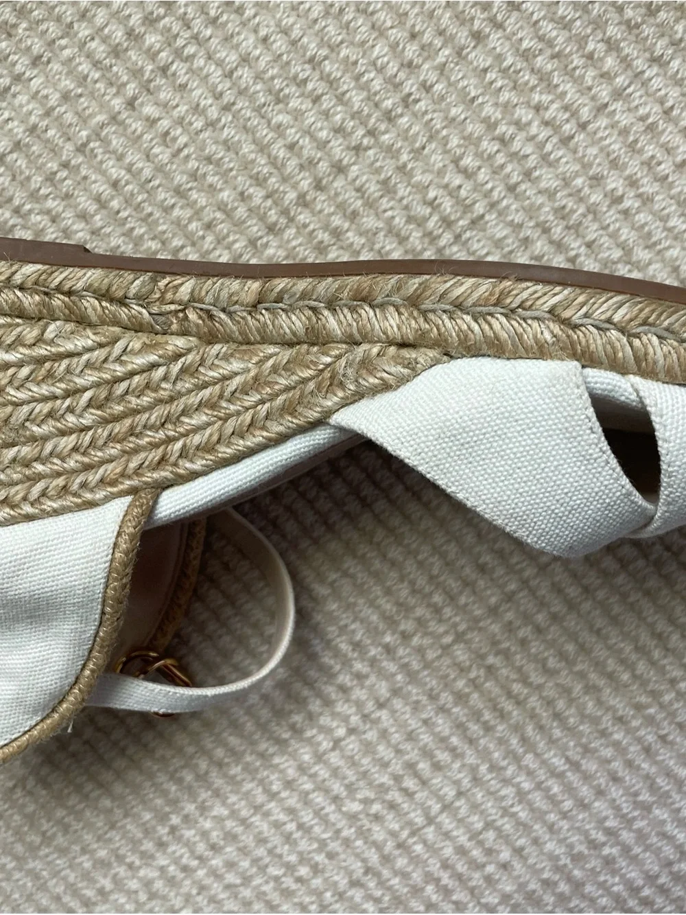 Stuart Weitzman Cream Canvas Espadrille Wedge Sandals with Gold Buckle - Picture 4 of 4